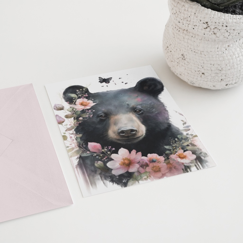Watercolor Floral Black Bear Portrait Wall Art Illustration Print Unframed - Picture 6 of 6